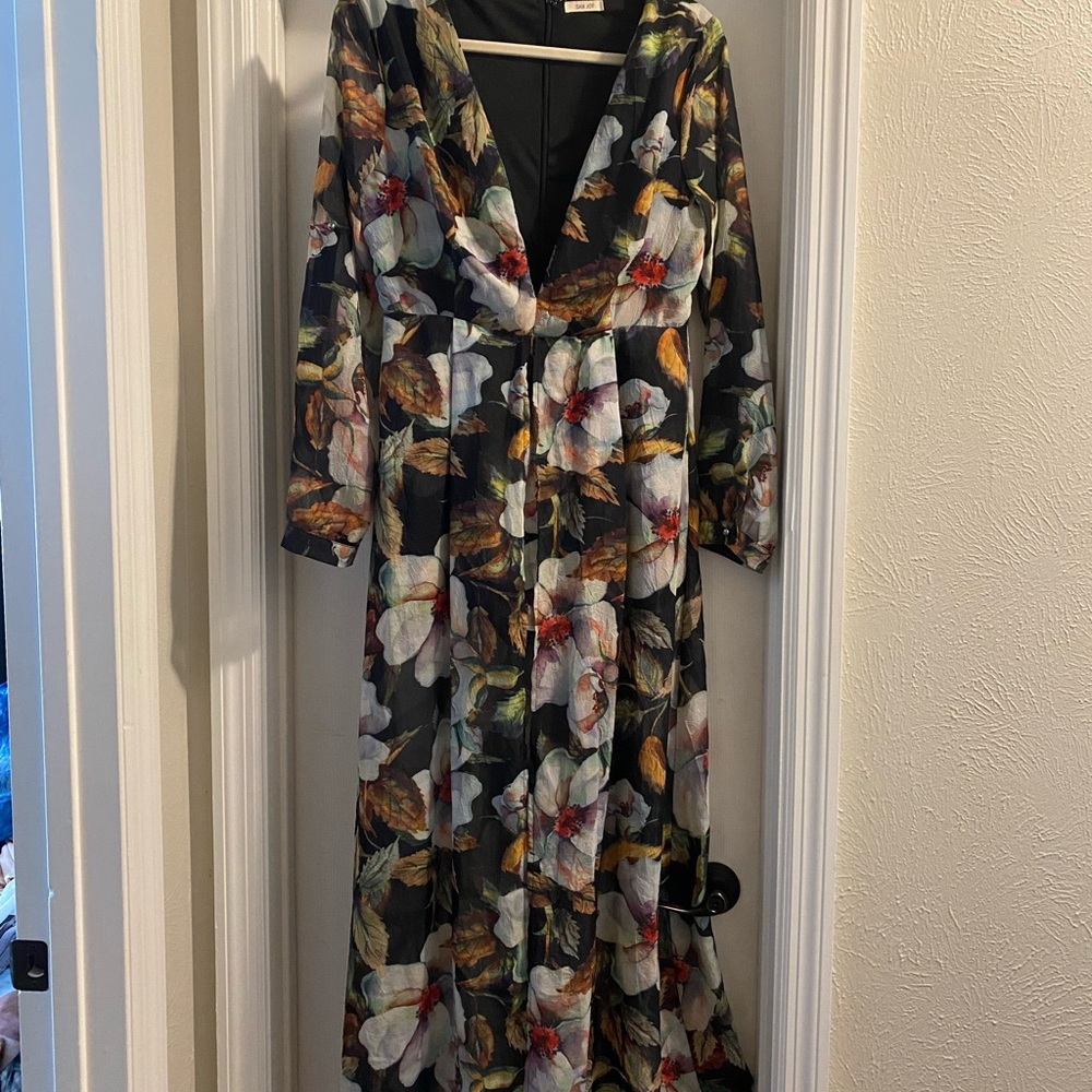San Joy Black Floral Long Sleeve Romper Dress